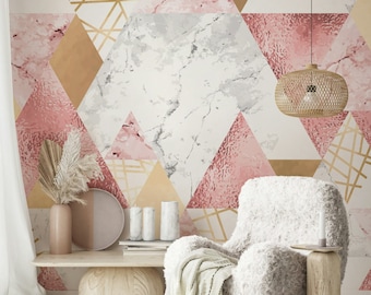 Lines Rose Golden Look Gray and Pink Marble Triangles Geometric Modern Polygons Abstract Wallpaper Self Adhesive Peel and Stick