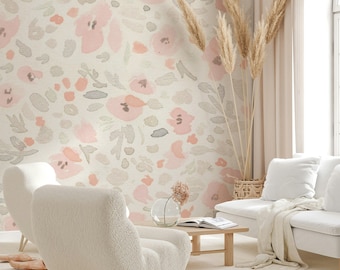 Flores pálidas sobre el fondo beige papel pintado floral moderno autoadhesivo Peel and Stick murales de pared decoración de pared extraíble