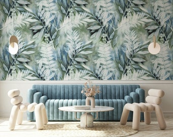 Carta da parati con foglie floreali e acquerello - Murale scandinavo staccabile e attaccabile