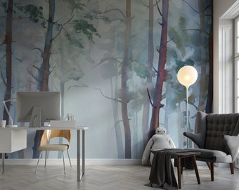 Fondo de acuarela de bosque brumoso, papel pintado de diseño moderno, autoadhesivo, despegar y pegar, mural de pared, decoración escandinava extraíble