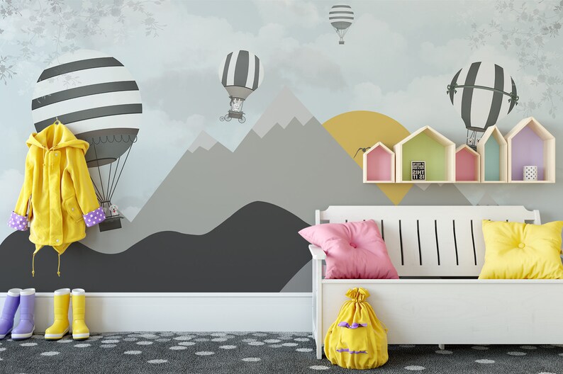 Kids Room Wallpaper Mountain Peel and Stick Hot Air Balloon Wall Mural ...