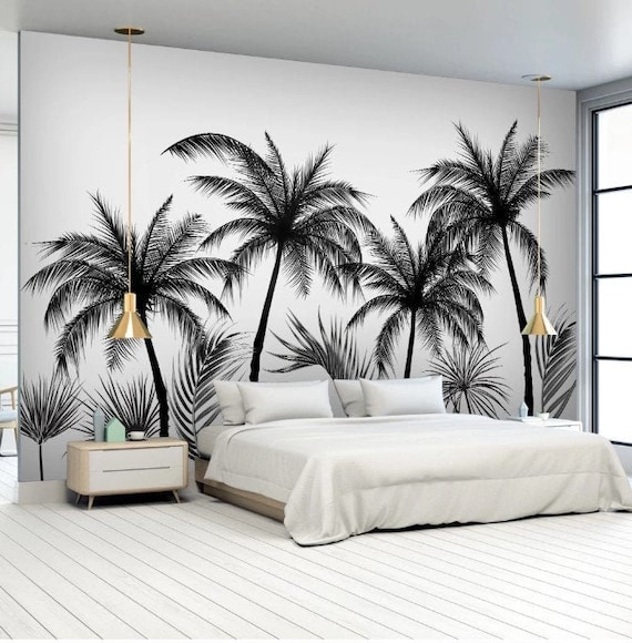 Floral Background Exotic Palm Trees and Plants Black and White Self Adhesive Peel and Stick Removable Wallpaper