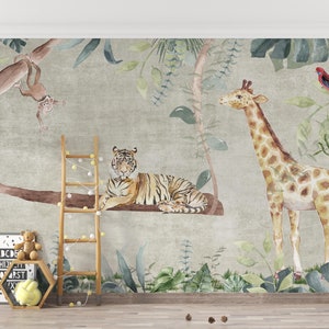 Giraffe, Monkey, Parrot, and Tiger Forest Wallpaper | Peel and Stick Wall Mural | Jungle Animal Decor