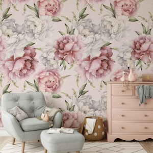Peonies Flowers on Light Background Luxury Design Floral Wallpaper Self Adhesive Peel and Stick Wall Mural House Design Removable