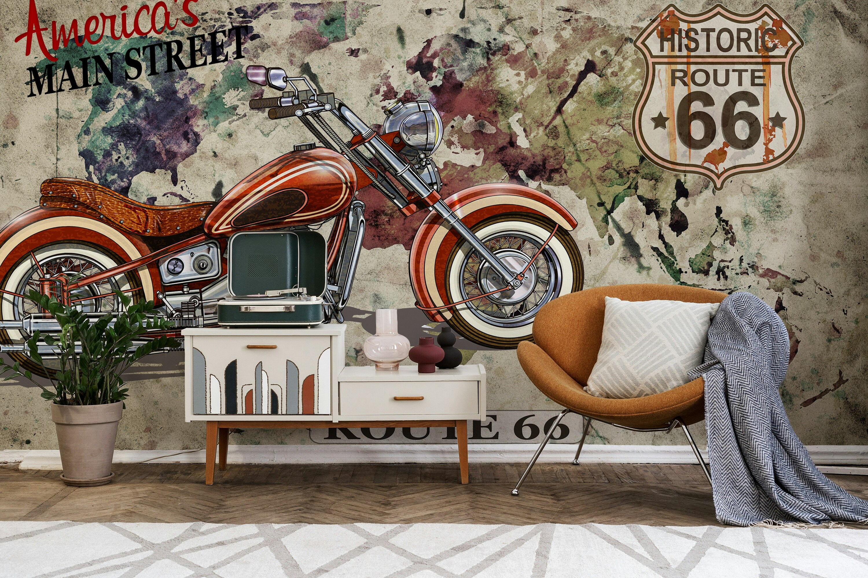 Classic Nostalgia Red Chopper Motorcycle Route 66 Wallpaper Self