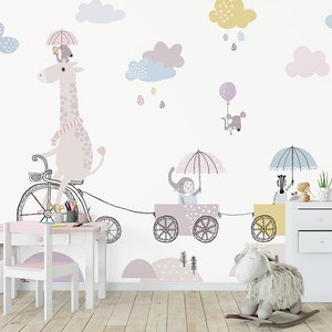 Cute Animals Wallpaper Playroom Peel and Stick Kids Room Wall Mural Removable Wall Decoration