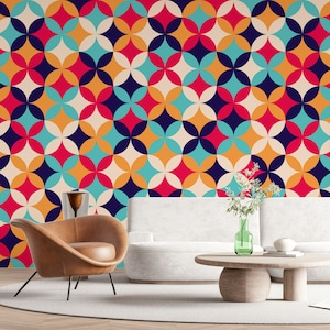 Vibrant Geometric Pattern Wallpaper Colorful Retro Wall Decor Peel and Stick