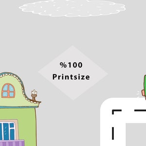 May include: A green house with a red chimney and a blue window. A green car is driving on a white road. A white cloud is in the sky. A diamond shaped sign says '%100 Printsize'.