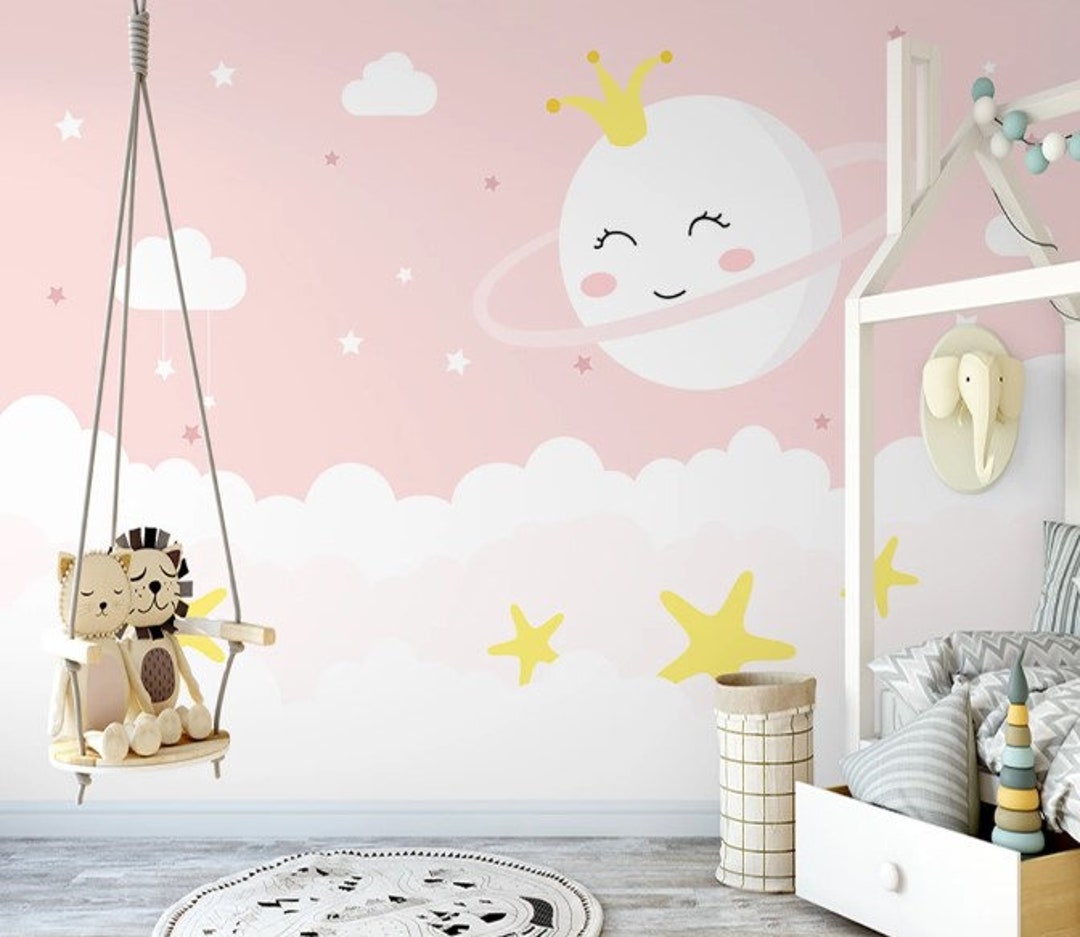 Smiling Full Moon Clouds Stars On The Pink Background Etsy 日本