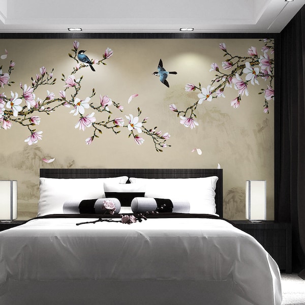 Sakura Flower White and Pink Birds Background Chinoiserie Wallpaper Self Adhesive Peel and Stick Wall Murals Wall Decoration Removable