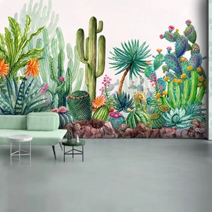 Cactus Flowers Green Tropical Exotic Plants Wallpaper Self Adhesive Peel & Stick Wall Murals Wall Decoration Scandinavian Design Removable