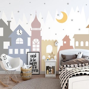 Crescent Moon Stars Clouds Case colorate Carta da parati Autoadesiva Peel and Stick Wall Murals Wall Decoration Design scandinavo rimovibile