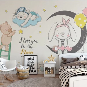 Black Moon Rabbit Bear Balloons Stars Blue Cloud Wallpaper Self Adhesive Peel and Stick Wall Mural Wall Decoration Scandinavo rimovibile