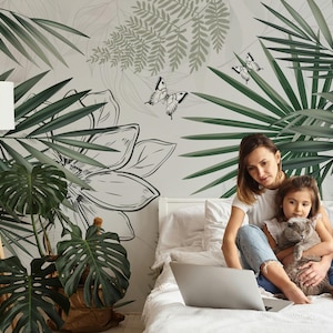 Aloe Vera Plants Abstract Hand Draw Flower Butterflies Wallpaper Self Adhesive Peel and Stick Wall Murals Wall Decoration Removable