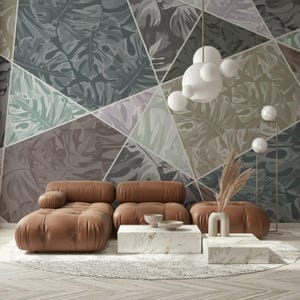 Carta da parati adesiva con forme geometriche triangolari e trapezie, motivo acquerello, decorazione murale rimovibile