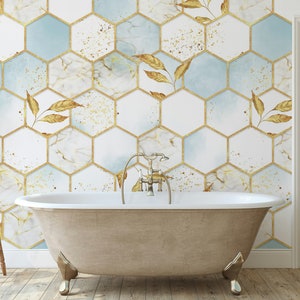 Texture hexagonale en marbre avec feuilles dorées Papier peint géométrique abstrait auto-adhésif Décoration murale