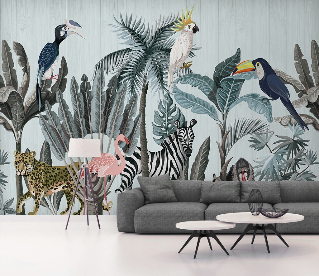 Tropical Jungle Animals Peel and Stick Wallpaper | Removable Wall Mural ...