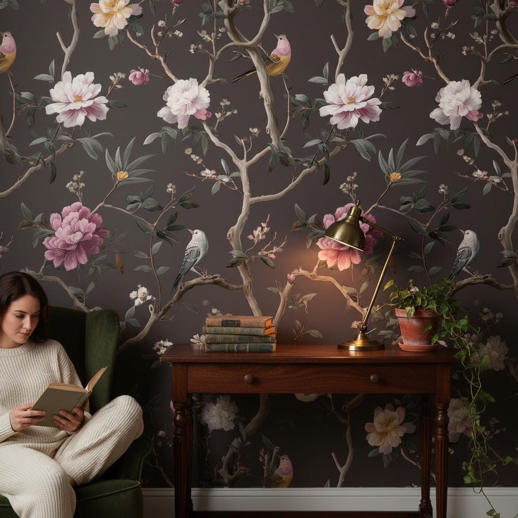 Vintage Floral Wallpaper Birds Peel and Stick Traditional Wall Mural - Etsy