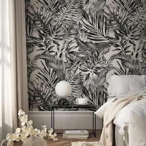 Monocromatico bianco e nero schizzo a penna foglie di palma tropicali carta da parati ristorante soggiorno caffetteria ufficio camera da letto murale casa arte murale