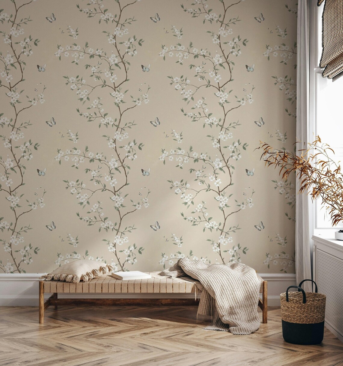 Delicate Floral Wallpaper With Butterflies Minimalist Blossom Design on ...