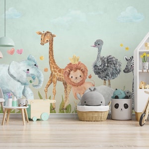 Safari Animals Wallpaper Kids Room Peel and Stick Nursery Wall Mural ...