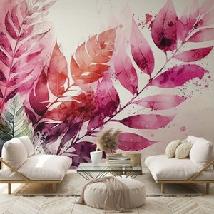 Magenta Leaves Wallpaper Watercolor Peel and Stick Wall Decor Palm Leaf Wall Mural