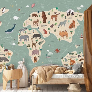 Papier peint pour chambre d'enfant Carte du monde Animaux Décollez et collez des peintures murales amovibles