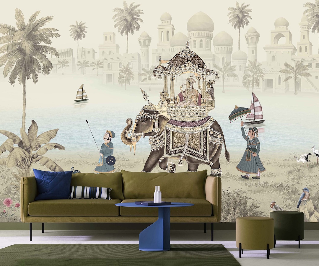 Indian Elephant Wallpaper Landscape Peel and Stick Vintage Wall Mural