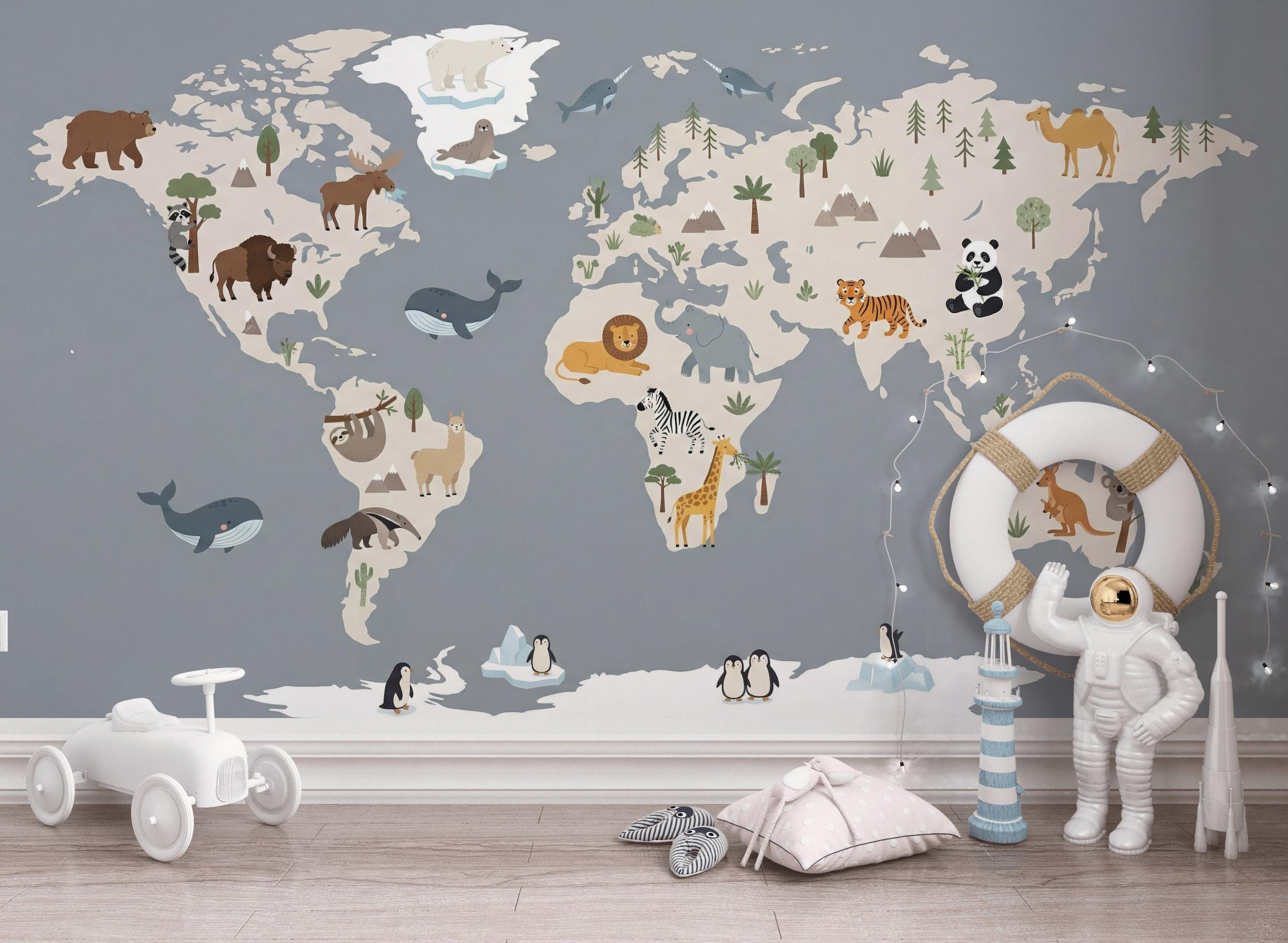 World Map Wallpaper for Kids Room With Animal Illustrations - Etsy