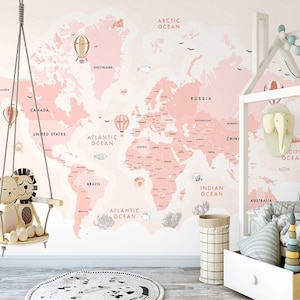 Carta da parati rosa mappa del mondo carta da parati autoadesiva peeling e bastone casa decorazione murale minimalista design scandinavo rimovibile