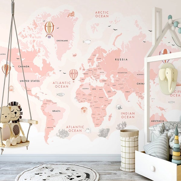 Pink World Map Background Wallpaper Self Adhesive Peel and Stick Home House Wall Decoration Minimalistic Scandinavian Design Removable