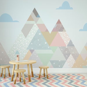 Blue Clouds Colorful Triangle Row Mountain Wallpaper Self Adhesive Peel and Stick Wall Mural Wall Decoration Scandinavian Design Removable