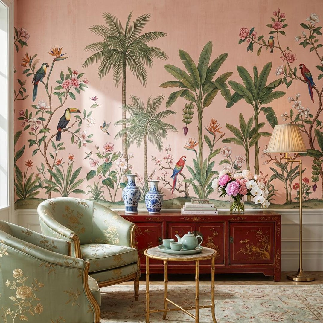 Tropical Paradise Wallpaper Mural for Bedroom With Exotic Birds - Etsy