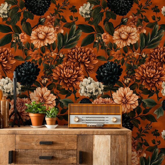 Orange Floral Wallpaper Black Dahlia Peel and Stick Vintage Bloom