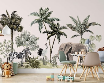 Tropical Jungle Botanical Plants Leaves African Animals Palm Trees Wallpaper Self Adhesive Peel and Stick Wall Mural Decoration Removable