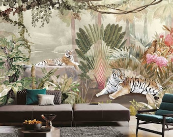 Tigers Parrots Tropical Plants Leaves Flowers Floral Wallpaper Self Adhesive Peel and Stick Wall Mural Wall Decoration Removable
