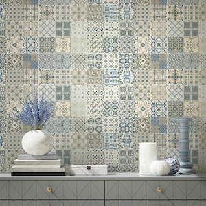 Carta da parati autoadesiva con design quadrato, stile arabo e marocchino, blu biege, decorazione murale rimovibile