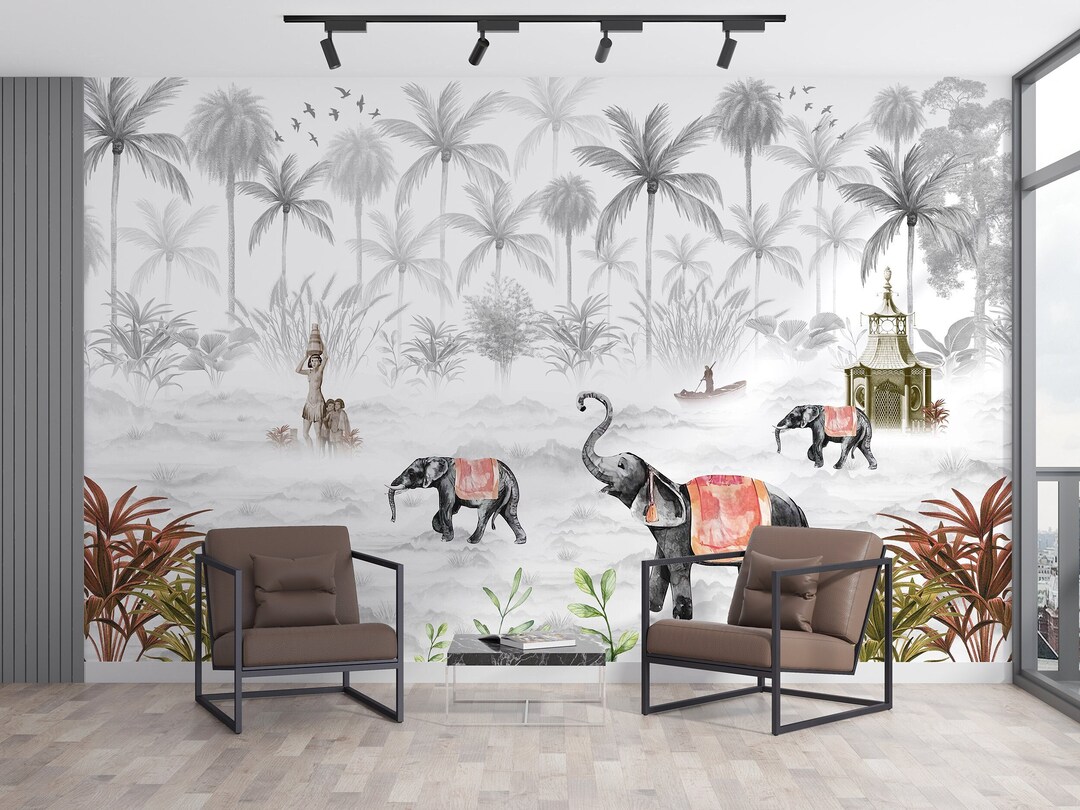 Bohemian Botanical Jungle Wallpaper Elephant Patterned Wall Decor ...