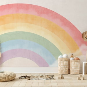 Carta da parati per bambini con arcobaleno e nuvole pastello per la cameretta dei bambini