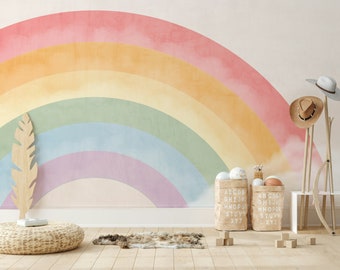 Papel pintado infantil con arcoíris y nubes pastel para guardería y habitación infantil