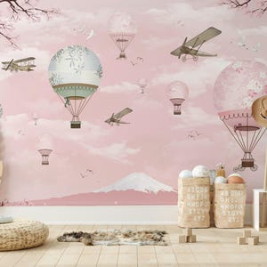 Kids Wallpaper Hot Air Balloon Cartoon Plane Self Adhesive Peel and Stick Wall Mural Wall Decoration Minimalistic Scandinavian Removable