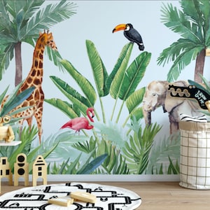Tropical Jungle Green Trees Leafs Giraffe Elephant and Birds Wallpaper Self Adhesive Peel and Stick Kindergarten Wall Decoration Removable