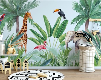 Tropical Jungle Green Trees Leafs Giraffe Elephant and Birds Wallpaper Self Adhesive Peel and Stick Kindergarten Wall Decoration Removable