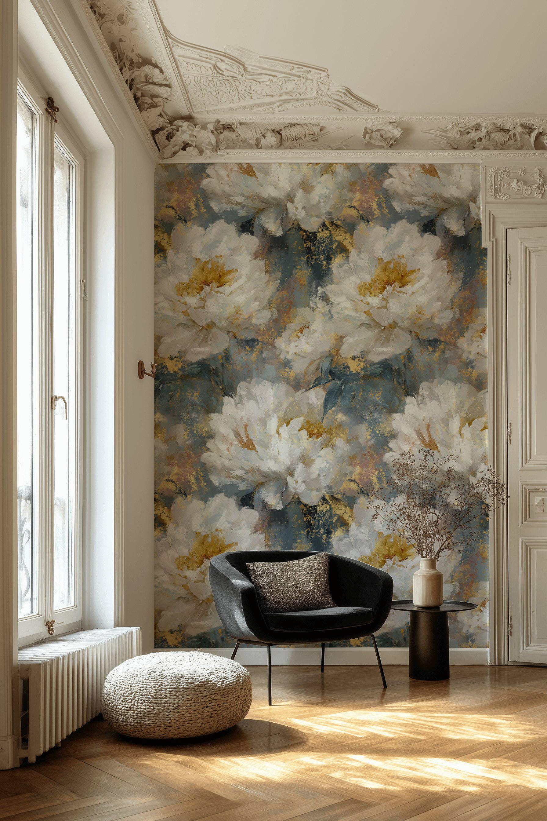 White Peony Wallpaper Blue and Gold Look Peel and Stick Floral Wall ...