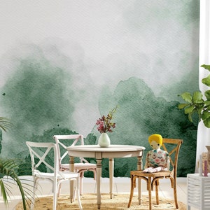 Foggy Forest Watercolor Abstract Green Lawns on White Background Wallpaper Self Adhesive Peel and Stick Wall Murals Wall Decoration