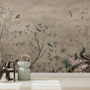 Chinoiserie Wallpaper Banana Palm Tropical Peel and Stick Birds Peacock Wall Mural Paper