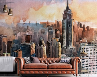 水彩画の高層ビルの壁紙 / アート壁紙 / 都市壁紙 / 多色壁紙 / 粘着