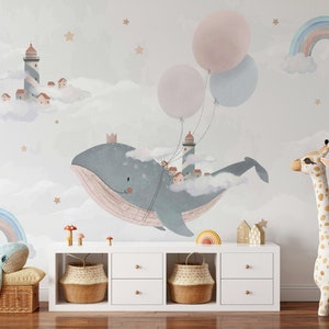 Cute Whale Wallpaper Kids Room Wall Mural Rainbow Peel and Stick