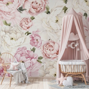 Fiori di peonia rosa e bianchi, peonie, murali floreali, sfondo moderno, carta da parati autoadesiva, stacca e attacca, decorazione della parete della casa