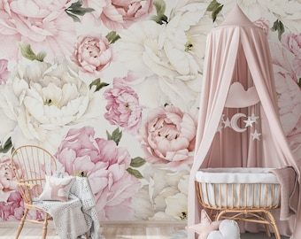 Pink and White Peony Flowers Peonies Floral Murals Modern Background Wallpaper Self Adhesive Peel and Stick Home House Wall Decoration